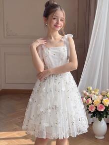 Pitira Tween Girl White Floral Mesh Embroidered Spaghetti Strap Ruffle Hem A-Line Dress, Elegant Vintage Formal Wedding Ceremony Graduation Summer - White - View 3