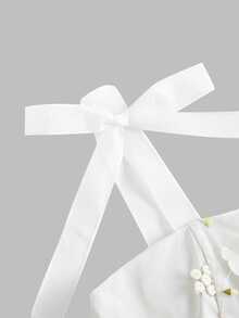 Pitira Tween Girl White Floral Mesh Embroidered Spaghetti Strap Ruffle Hem A-Line Dress, Elegant Vintage Formal Wedding Ceremony Graduation Summer - White - View 5