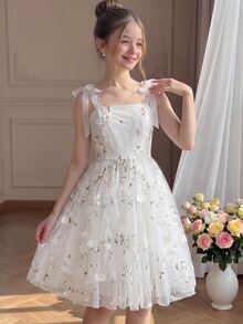 Pitira Tween Girl White Floral Mesh Embroidered Spaghetti Strap Ruffle Hem A-Line Dress, Elegant Vintage Formal Wedding Ceremony Graduation Summer - White - View 1