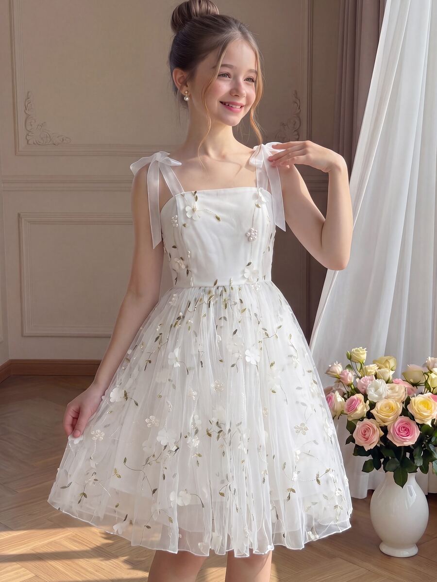 Pitira Tween Girl White Floral Mesh Embroidered Spaghetti Strap Ruffle Hem A-Line Dress, Elegant Vintage Formal Wedding Ceremony Graduation Summer - White - View 1