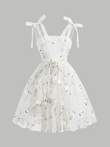 Pitira Tween Girl White Floral Mesh Embroidered Spaghetti Strap Ruffle Hem A-Line Dress, Elegant Vintage Formal Wedding Ceremony Graduation Summer - White - View 7