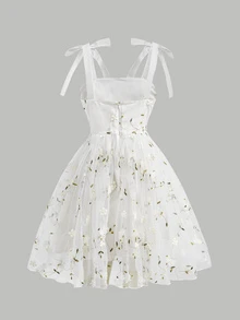 Pitira Tween Girl White Floral Mesh Embroidered Spaghetti Strap Ruffle Hem A-Line Dress, Elegant Vintage Formal Wedding Ceremony Graduation Summer - White - View 2