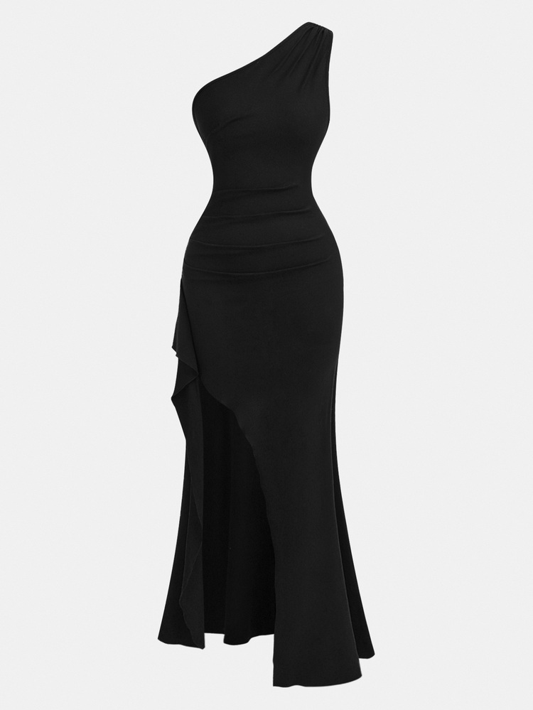 Pitira Kids Teen Girls Elegant Black Summer Formal Graduation Partywear,Asymmetric Shoulder Pleated Hollow Out High Slit Long Dress For Christmas&Festival - Black - View 5