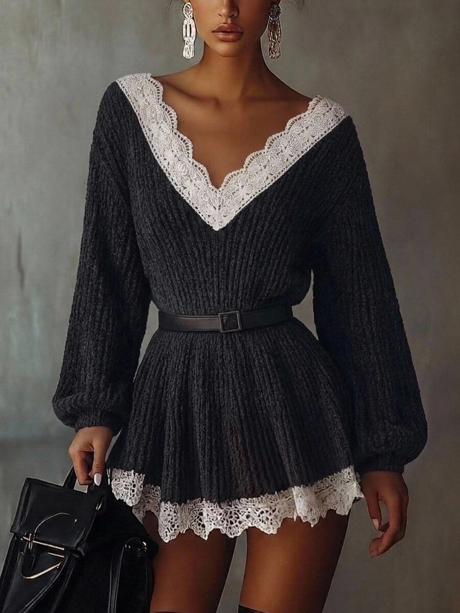 Solivie Women's Autumn/Winter Black Sweater, Colorblock Contrast Lace Chenille Sweater Women Fall Winter Sweater Chic Dress - Black - View 1