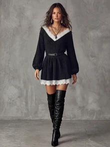 Solivie Women's Autumn/Winter Black Sweater, Colorblock Contrast Lace Chenille Sweater Women Fall Winter Sweater Chic Dress - Black - View 3