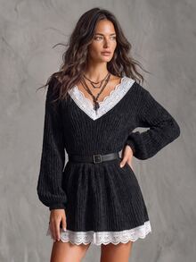 Solivie Women's Autumn/Winter Black Sweater, Colorblock Contrast Lace Chenille Sweater Women Fall Winter Sweater Chic Dress - Black - View 6