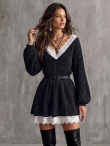 Solivie Women's Autumn/Winter Black Sweater, Colorblock Contrast Lace Chenille Sweater Women Fall Winter Sweater Chic Dress - Black - View 4