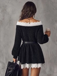 Solivie Women's Autumn/Winter Black Sweater, Colorblock Contrast Lace Chenille Sweater Women Fall Winter Sweater Chic Dress - Black - View 2