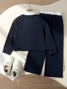 SHEIN 女童 2 件套 Polo 領套裝，海軍藍撞色長袖上衣 + 高腰寬腿褲附蝴蝶結裝飾，休閒運動風春秋冬套裝，適合日常穿著與外出 - 藏蓝色 - 查看 2