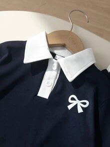 SHEIN 女童 2 件套 Polo 領套裝，海軍藍撞色長袖上衣 + 高腰寬腿褲附蝴蝶結裝飾，休閒運動風春秋冬套裝，適合日常穿著與外出 - 藏蓝色 - 查看 3