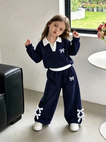 SHEIN 女童 2 件套 Polo 領套裝，海軍藍撞色長袖上衣 + 高腰寬腿褲附蝴蝶結裝飾，休閒運動風春秋冬套裝，適合日常穿著與外出 - 藏蓝色 - 查看 7