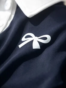 SHEIN 女童 2 件套 Polo 領套裝，海軍藍撞色長袖上衣 + 高腰寬腿褲附蝴蝶結裝飾，休閒運動風春秋冬套裝，適合日常穿著與外出 - 藏蓝色 - 查看 5