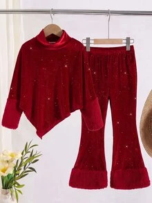 SHEIN Elladie kids 2件組女孩精緻氛圍感紅色毛絨亮片裝飾上衣，高領長袖、袖口與下擺飾毛邊，搭配喇叭長褲，時尚毛絨兩件式套裝，適合假期派對、外出與拍照造型 - 紅色 - 查看 4