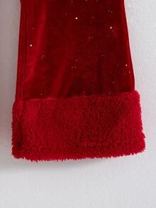SHEIN Elladie kids 2件組女孩精緻氛圍感紅色毛絨亮片裝飾上衣，高領長袖、袖口與下擺飾毛邊，搭配喇叭長褲，時尚毛絨兩件式套裝，適合假期派對、外出與拍照造型 - 紅色 - 查看 7