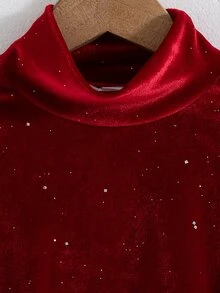 SHEIN Elladie kids 2件組女孩精緻氛圍感紅色毛絨亮片裝飾上衣，高領長袖、袖口與下擺飾毛邊，搭配喇叭長褲，時尚毛絨兩件式套裝，適合假期派對、外出與拍照造型 - 紅色 - 查看 6