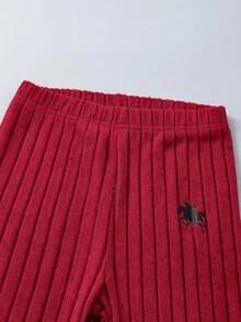 SHEIN Vintaside Kids 青少年女孩秋冬加厚保暖校園學生運動風 80年代可愛休閒內搭毛絨羅紋圓領長袖上衣與內搭褲 T-shirt 套裝 - 紅色 - 查看 6
