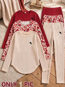 SHEIN Vintaside Kids 青少年女孩秋冬加厚保暖校園學生運動風 80年代可愛休閒內搭毛絨羅紋圓領長袖上衣與內搭褲 T-shirt 套裝 - 紅色 - 查看 1