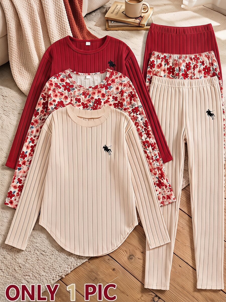 SHEIN Vintaside Kids 青少年女孩秋冬加厚保暖校園學生運動風 80年代可愛休閒內搭毛絨羅紋圓領長袖上衣與內搭褲 T-shirt 套裝 - 紅色 - 查看 1