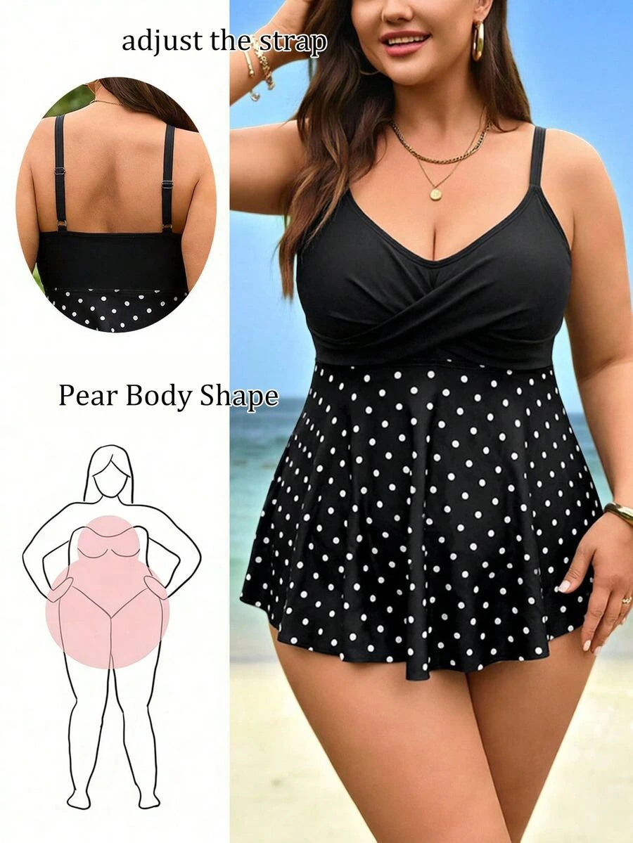 SHEIN Swim 2026 大尺碼女款 2 件套全白黑印花 V 領洋裝上衣配高腰短褲,海灘派對度假夏季假期性感 1920 年代風套裝 - 黑與白 - 查看 1