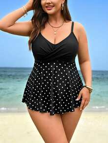 SHEIN Swim 2026 大尺碼女款 2 件套全白黑印花 V 領洋裝上衣配高腰短褲，海灘派對度假夏季假期性感 1920 年代風套裝 - 黑與白 - 查看 5