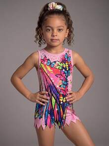 SHEIN Young Girls Sleeveless Butterfly Print Leotards, Rainbow Autumn Rhythmic Gymnastics Activewear, Dance Unitard 7th Birthday Princess Baby - Multicolor - View 1