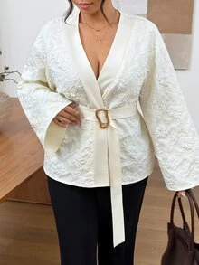 Lounesse 大尺碼女款提花休閒日常穿著襯衫 秋冬優雅辦公商務工作教師女式襯衫 優雅日常外出襯衫 - 杏色 - 查看 2
