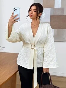 Lounesse 大尺碼女款提花休閒日常穿著襯衫 秋冬優雅辦公商務工作教師女式襯衫 優雅日常外出襯衫 - 杏色 - 查看 5