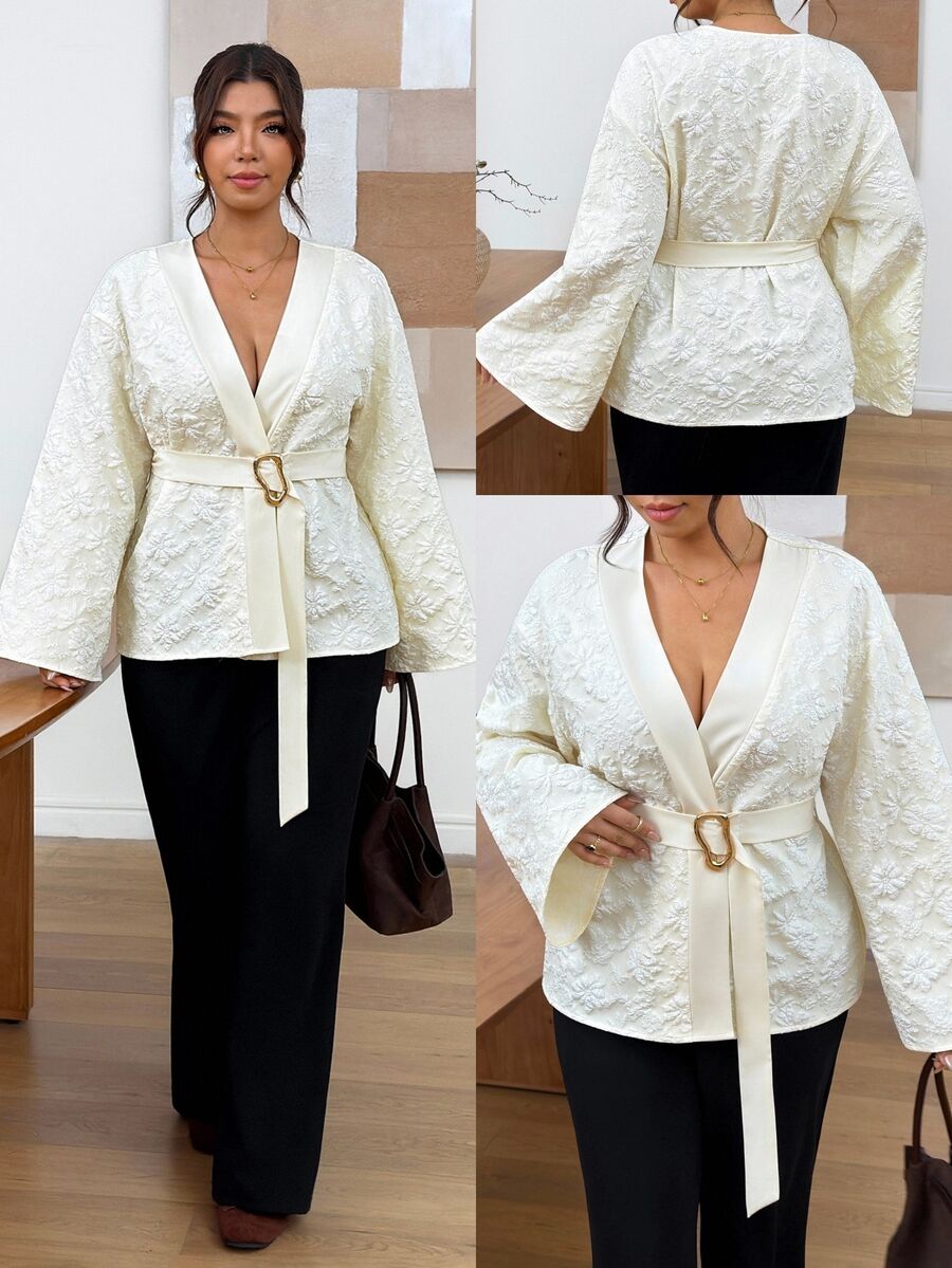Lounesse Plus Size Women's Jacquard Casual Daily Wear Shirt Fall/Winter Elegant Office Business Work Teacher Blouse For Women Elegant Daily Going Out Blouse - Apricot - View 1