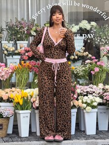 SHEIN EZwear 大尺碼女款豹紋長袖T恤與抽繩腰寬腿褲休閒兩件套 秋季 - 彩色 - 查看 4