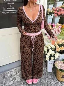 SHEIN EZwear 大尺碼女款豹紋長袖T恤與抽繩腰寬腿褲休閒兩件套 秋季 - 彩色 - 查看 3