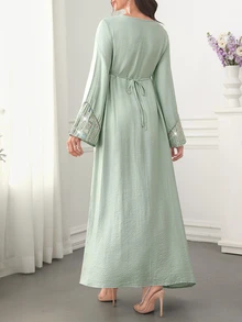 Al Najma Colorful Embroidered & Sequin Decor Flared Hem Arabic Style Green Boho Modest Traditional For Women Maxi Dress With Round Neck & Bell Sleeves - Green - View 2