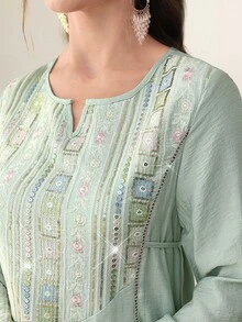 Al Najma Colorful Embroidered & Sequin Decor Flared Hem Arabic Style Green Boho Modest Traditional For Women Maxi Dress With Round Neck & Bell Sleeves - Green - View 7