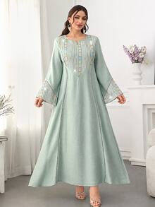 Al Najma Colorful Embroidered & Sequin Decor Flared Hem Arabic Style Green Boho Modest Traditional For Women Maxi Dress With Round Neck & Bell Sleeves - Green - View 1