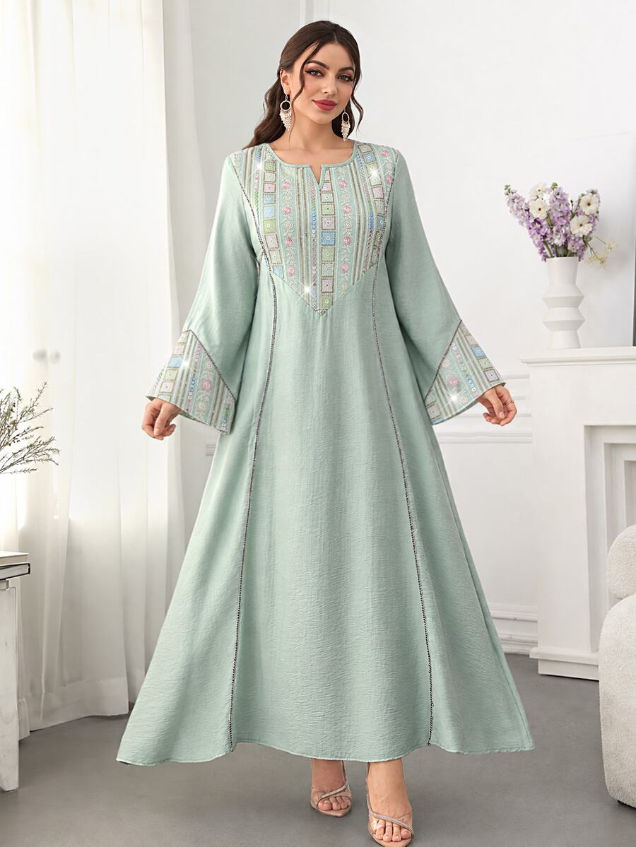 Al Najma Colorful Embroidered & Sequin Decor Flared Hem Arabic Style Green Boho Modest Traditional For Women Maxi Dress With Round Neck & Bell Sleeves - Green - View 1