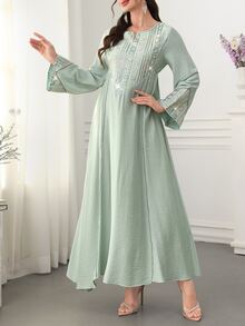 Al Najma Colorful Embroidered & Sequin Decor Flared Hem Arabic Style Green Boho Modest Traditional For Women Maxi Dress With Round Neck & Bell Sleeves - Green - View 5