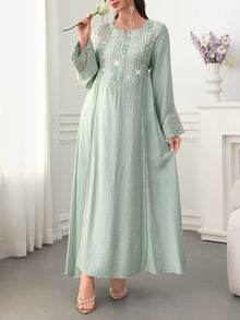 Al Najma Colorful Embroidered & Sequin Decor Flared Hem Arabic Style Green Boho Modest Traditional For Women Maxi Dress With Round Neck & Bell Sleeves - Green - View 8