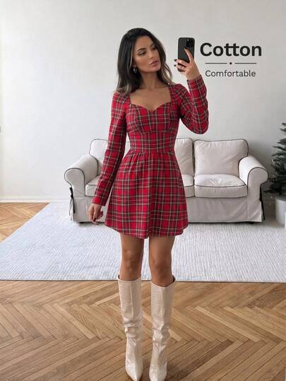Easowa Women's Fall/Winter Dress Plaid Sweetheart Neck Long Sleeve Casual Preppy Cute Dress Christmas Thanksgiving Brunch Red Plaid Christmas Dress
