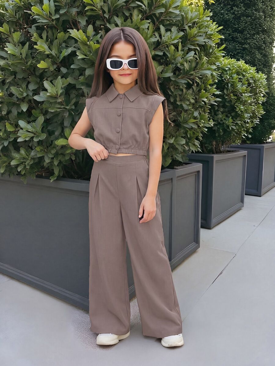 Firerie Kids Firerie Kids Nova Glow 2pcs/Set Tween Girls Casual Collared Pocket Shirt And Straight Leg Pants, Commuter Outfit Summer Outfits - Khaki - View 1