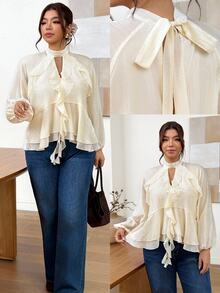 Lounesse Plus Size Sweet French Style Chiffon Ruffle Blouse Fall/Winter Casual Daily Going Out Blouse For Women Casual Office Business Work Blouse For Women - Apricot - View 7