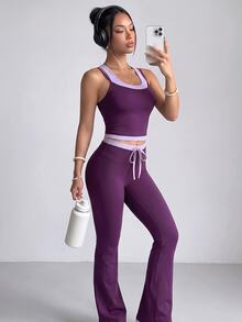 Dewbera Dewbera ColorBlock Waist Drawstring Flared Swim Pants, High Waist Beach Trousers - Purple - View 6