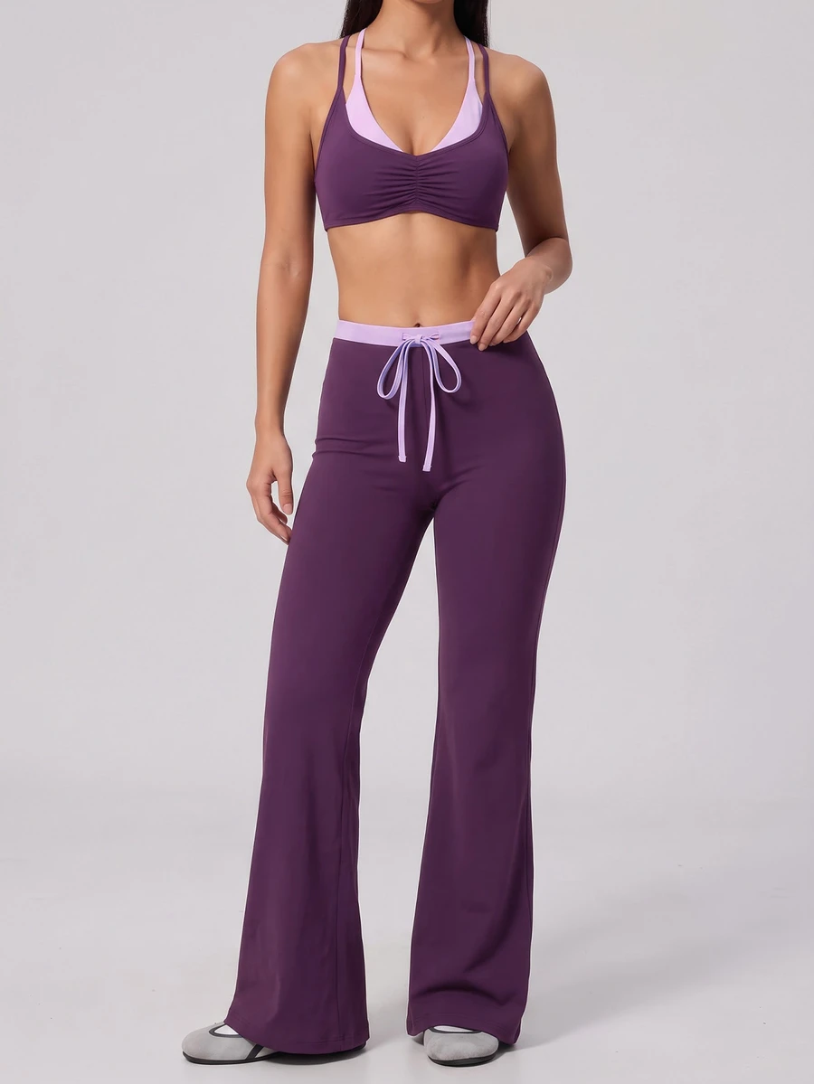 Dewbera Dewbera ColorBlock Waist Drawstring Flared Swim Pants, High Waist Beach Trousers - Purple - View 1