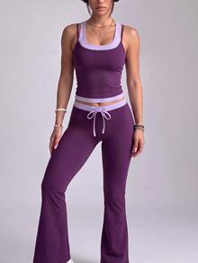 Dewbera Dewbera ColorBlock Waist Drawstring Flared Swim Pants, High Waist Beach Trousers - Purple - View 3