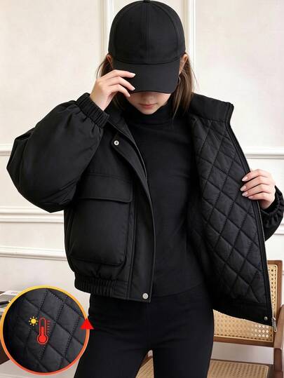 SHEIN Reset Phase Herbst/Winter Mädchen Utility-Stil gesteppte wattierte Jacke mit großen Taschen und Patchwork-Design, geraffter Taillenbund, vielseitiger schwarzer Langarm-Dicker Mantel für den täglichen Gebrauch, Schule und Ausflüge