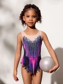 Young Girls Sleeveless Printed Leotards, Comfortable & Skin-Friendly, Snug Fit Design To Prevent Exposure, Rhythmic Gymnastics Activewear, School Dance Competition Unitard, Suitable For All Seasons - Violet Purple - View 4