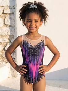 Young Girls Sleeveless Printed Leotards, Comfortable & Skin-Friendly, Snug Fit Design To Prevent Exposure, Rhythmic Gymnastics Activewear, School Dance Competition Unitard, Suitable For All Seasons - Violet Purple - View 7