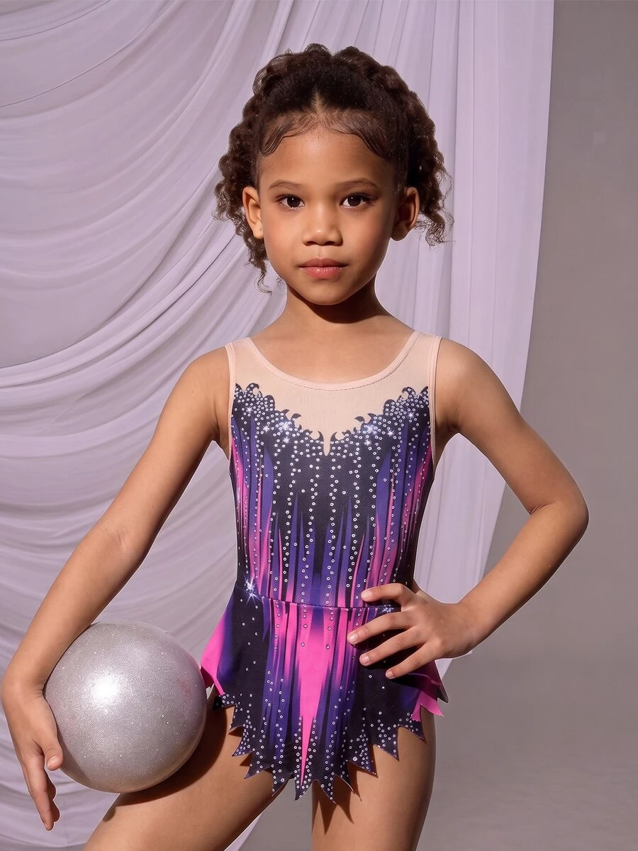 Young Girls Sleeveless Printed Leotards, Comfortable & Skin-Friendly, Snug Fit Design To Prevent Exposure, Rhythmic Gymnastics Activewear, School Dance Competition Unitard, Suitable For All Seasons - Violet Purple - View 1