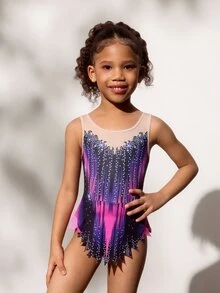 Young Girls Sleeveless Printed Leotards, Comfortable & Skin-Friendly, Snug Fit Design To Prevent Exposure, Rhythmic Gymnastics Activewear, School Dance Competition Unitard, Suitable For All Seasons - Violet Purple - View 3