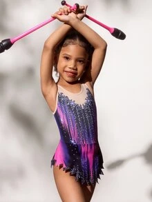 Young Girls Sleeveless Printed Leotards, Comfortable & Skin-Friendly, Snug Fit Design To Prevent Exposure, Rhythmic Gymnastics Activewear, School Dance Competition Unitard, Suitable For All Seasons - Violet Purple - View 6
