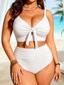 SHEIN Swim Plus Size Women 2pcs Swimwear All White Twist V-Neck High Waist Tankini For Beach Vacation Party Holiday Summer Safari Celestial Sexy Tropical - White - View 1
