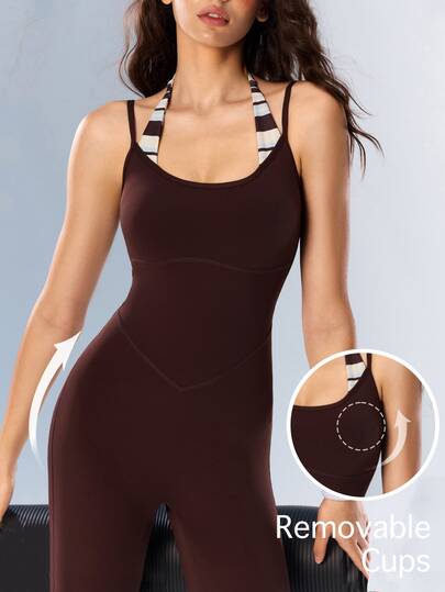 VARSIVA Women Sports Gym Activewear Striped Patchwork Backless Slim Fit Athletic Modest Sporty Athleisure Jumpsuit Dark Brown Fall
